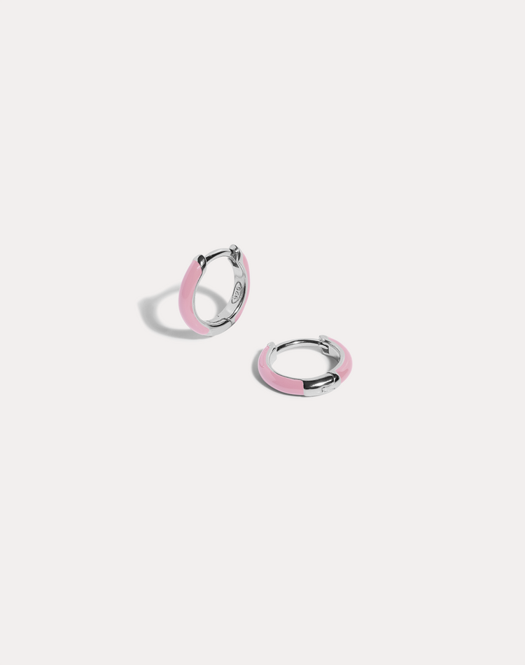 Bubblegum Enamel Silver Hoop Earrings